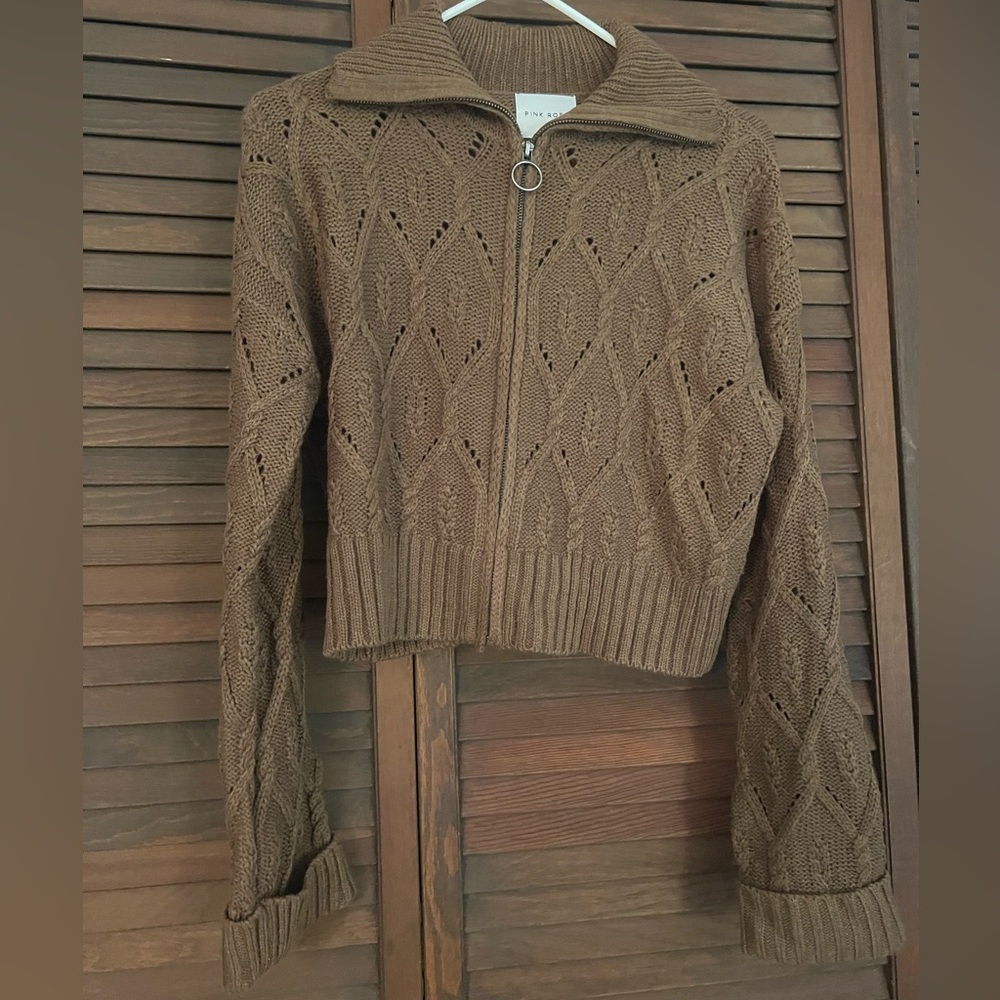 Brown Cropped Zip Up Sweater